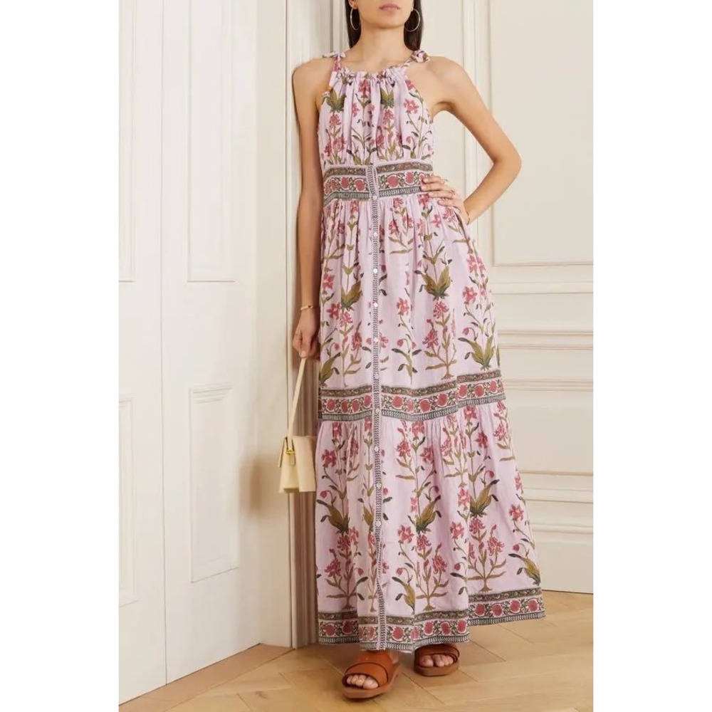 Hannah Artwear Ari Maxi Dress Womens 0 Pink Floral Linen Tiered Halter Aurora